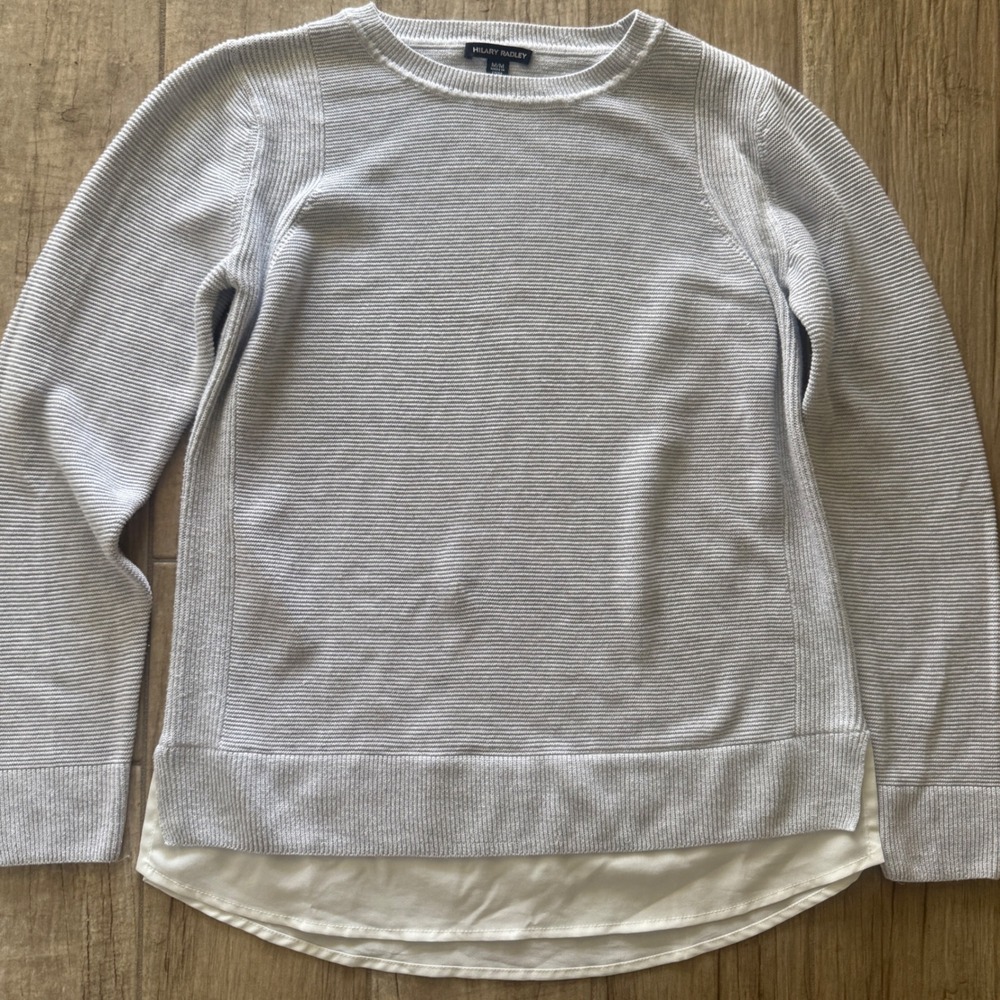 Hilary Radley Womens Mixed Media Layered Sweater Gray White Ribbed Crew Neck M